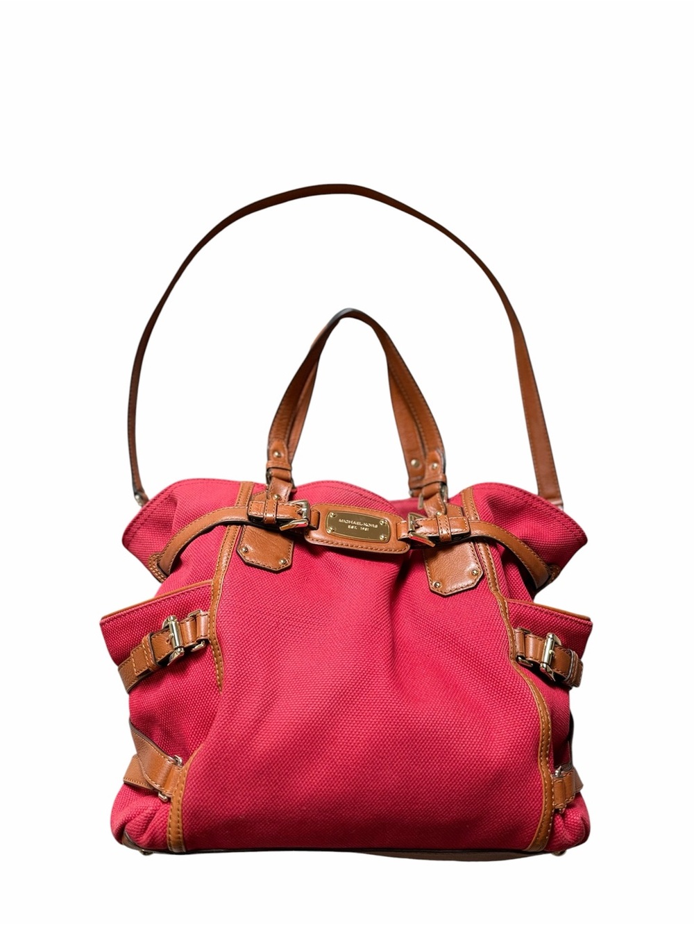 Michael Kors Gansevoort Red Canvas Tote Bag with Brown Leather Trim